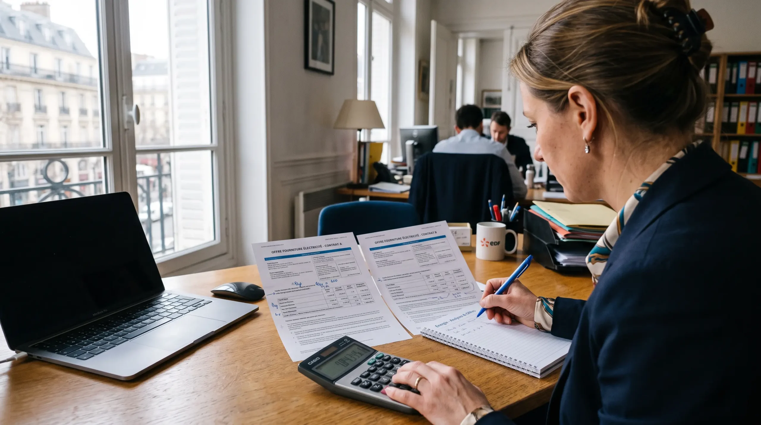 Une femme compare deux contrats d'électricité avec une calculatrice au bureau.