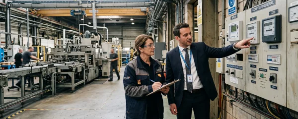 Un courtier en énergie et un responsable de site examinent un compteur électrique dans une usine.