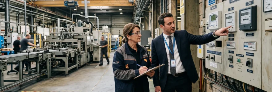 Un courtier en énergie et un responsable de site examinent un compteur électrique dans une usine.