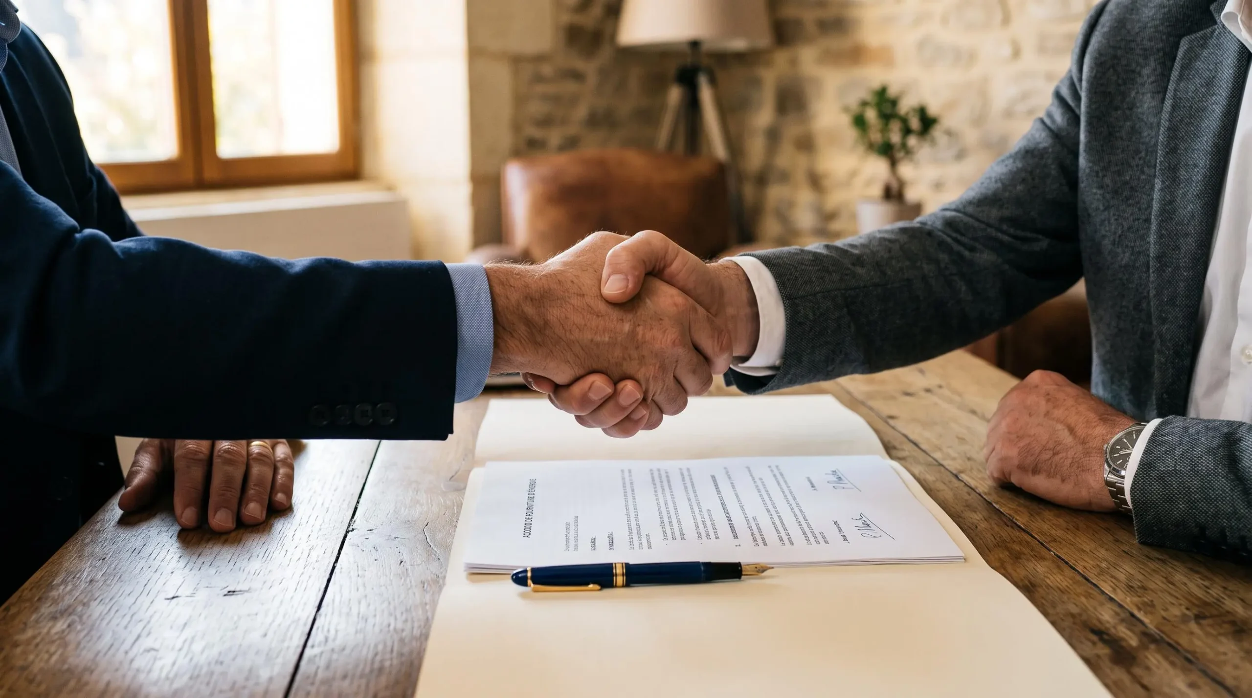 Poignée de main entre un dirigeant et un courtier devant un dossier de contrat.